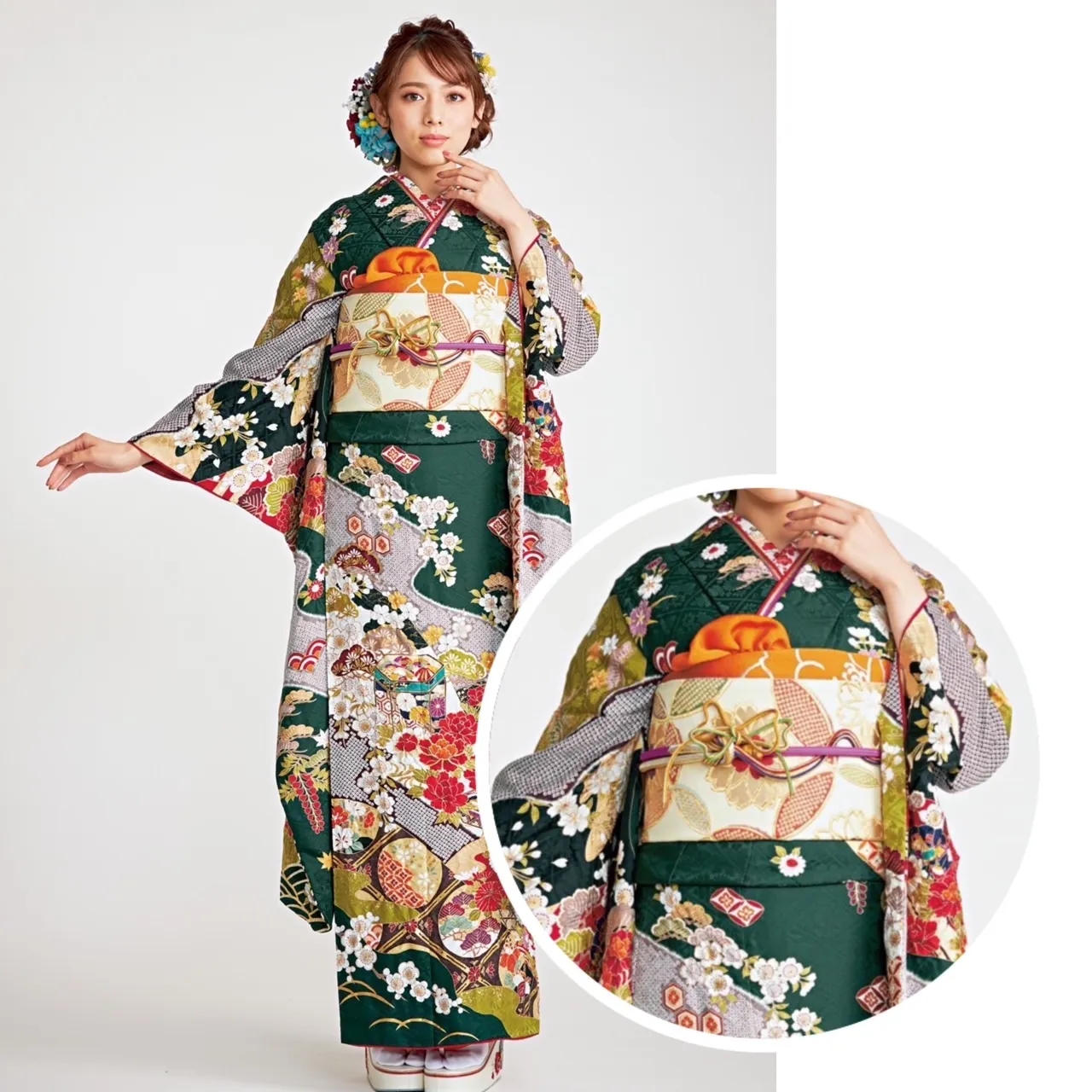 振袖　レンタル　奈良　橿原　人気　可愛い　おしゃれ　流行り　ピンク　白　帯　古典　緑　大人　上品　小柄