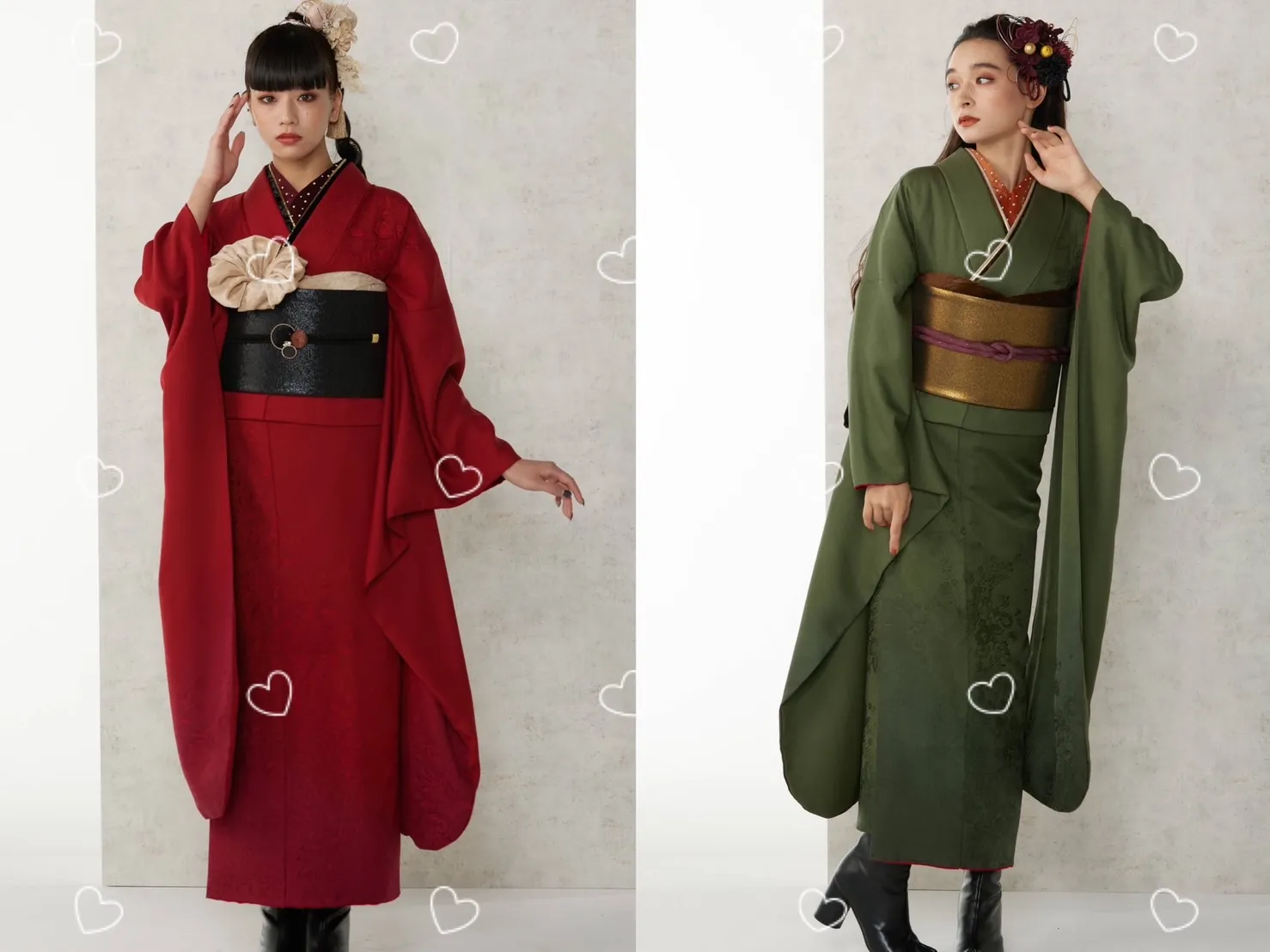 振袖レンタル　奈良　橿原　かわいい　おしゃれ　個性派　かわいい　かっこいい　くすみ　イマドキ　無地　赤　緑　グリーン　帯