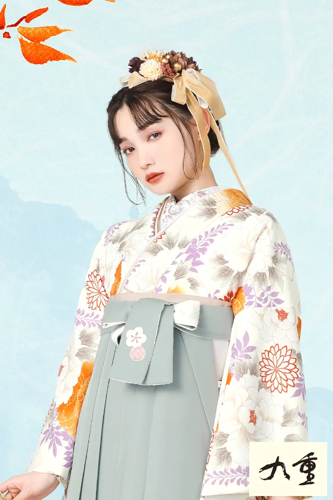 TAKAZENのレンタル袴 正統派古典　白/オレンジ　牡丹柄/菊柄　王道　かわいい　華やか　上品　九重【通販可】K24067