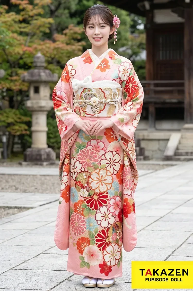 TAKAZENのレンタル振袖 格安正統派古典　ピンク/水色　桜柄　ポップ　レトロ古典　モダン　かわいい　華やか【通販可】M8
