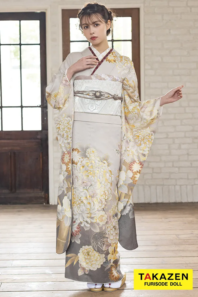 TAKAZENのレンタル振袖 くすみカラー古典　グレー/スモーキーカラー　乱菊柄　大人っぽい　おしとやか　大柄　和装【通販可】K803