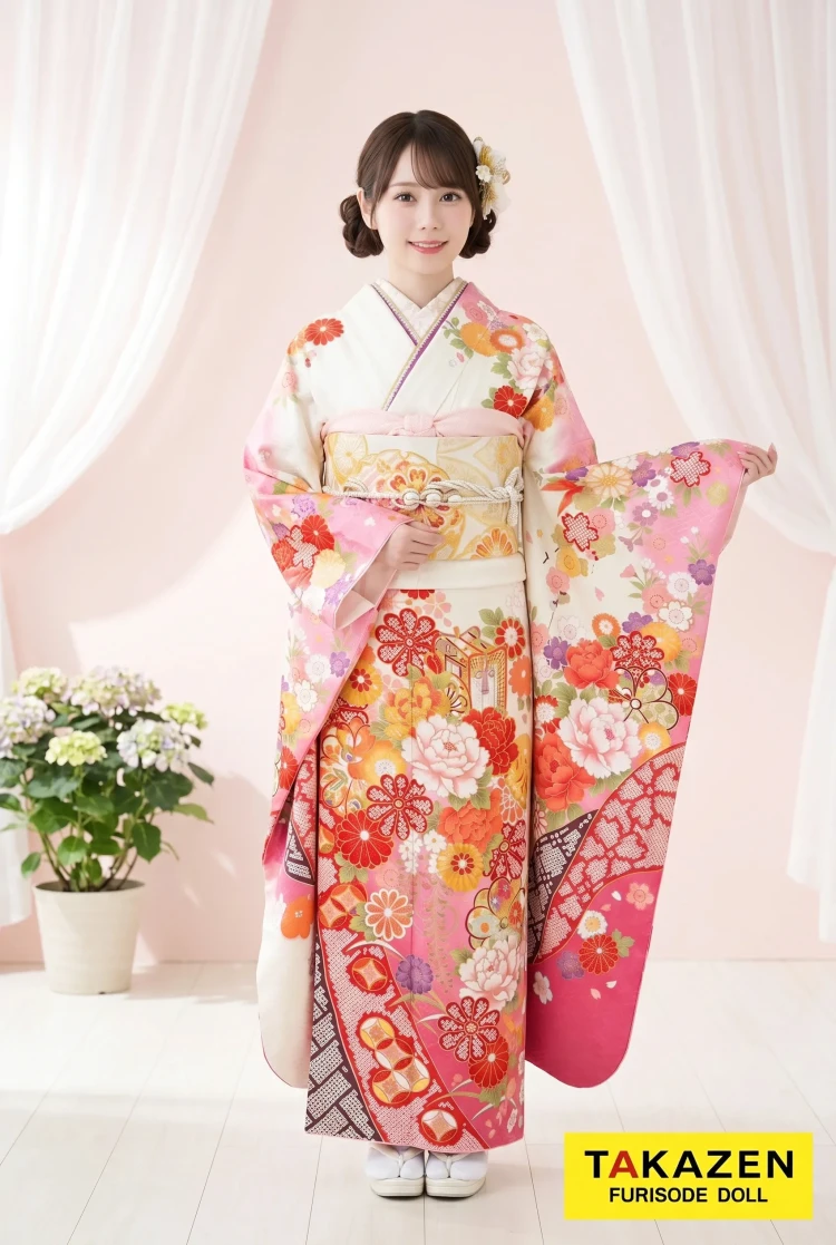 TAKAZENのレンタル振袖 正統派古典 白/ピンク 華やか 可愛い 大人っぽい ピンクコーデ 古典柄 綺麗め振袖【通販可】 M12