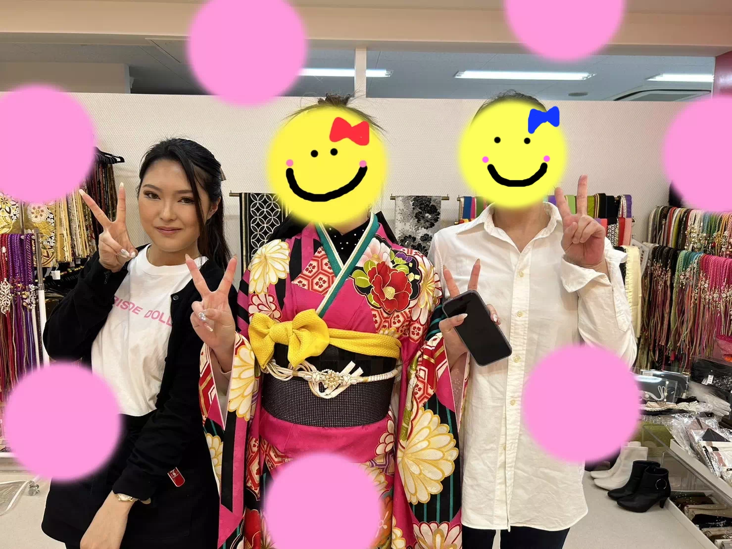 TAKAZEN神戸三宮店　前撮り撮影会　イマドキ　カワイイ　コディネート　振袖　レンタル　袴　レトロ古典　原色　ピンク　派手　ポップ　レトロ