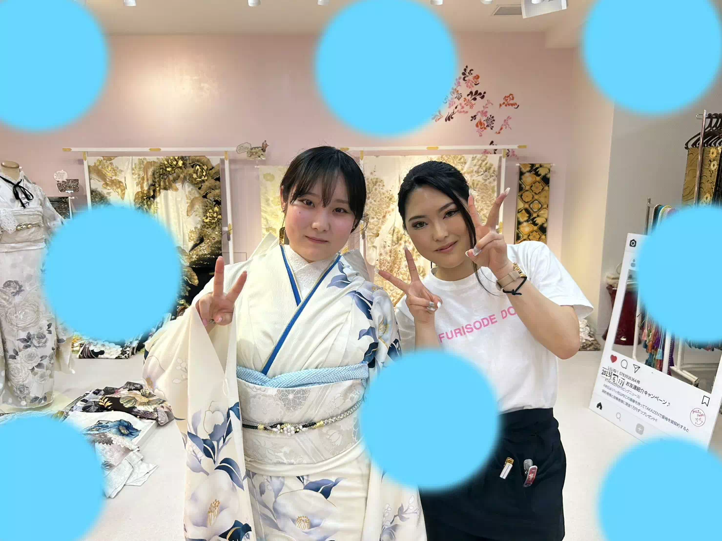 TAKAZEN神戸店　成人式　振袖レンタル　白　青　椿　レトロ　クラシカル　オシャレ