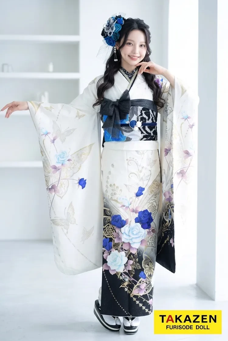 TAKAZENのレンタル振袖 格安モード 白/黒/青(ブルー) バラ柄 クール系 かっこいい 安い ギャル振袖【通販可】YK240
