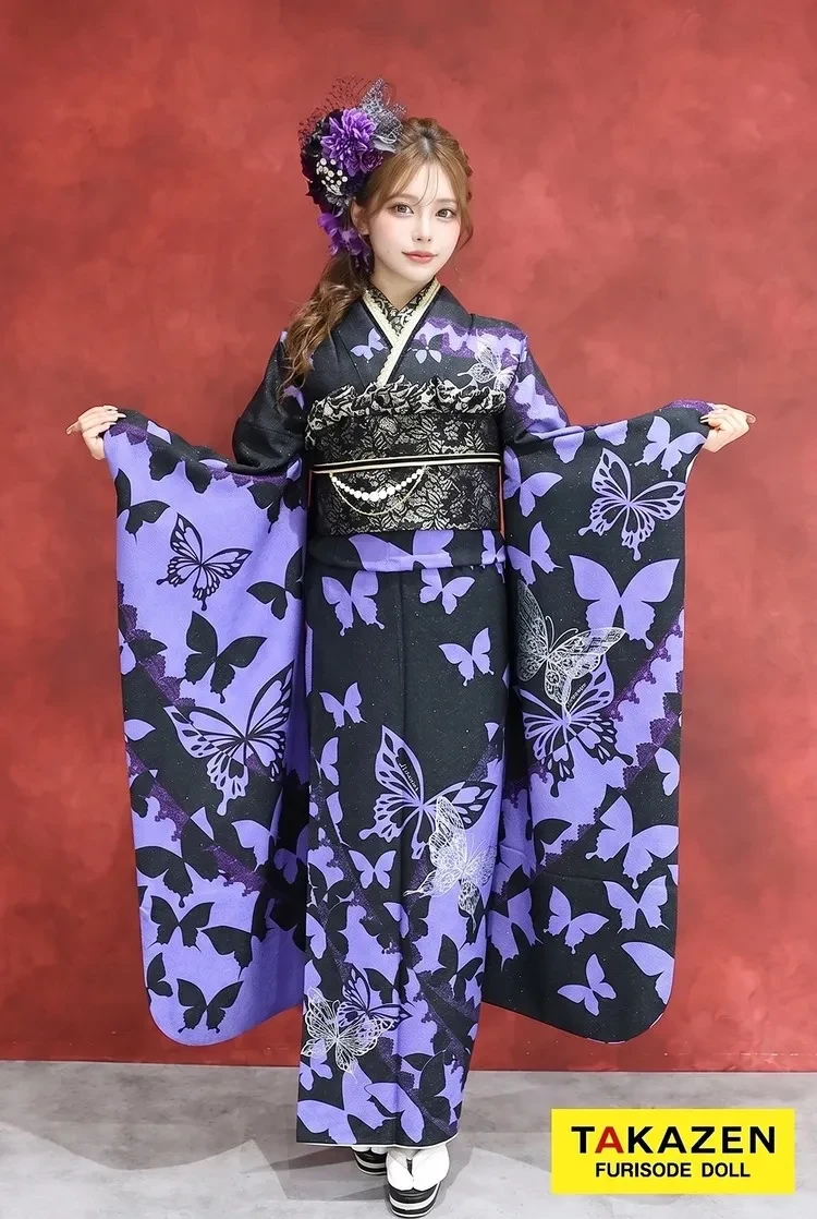 TAKAZENのレンタル振袖 格安モード 黒/紫 蝶々柄 かっこいい グラマラス 派手 目立つ 人と被らない【通販可】YK241