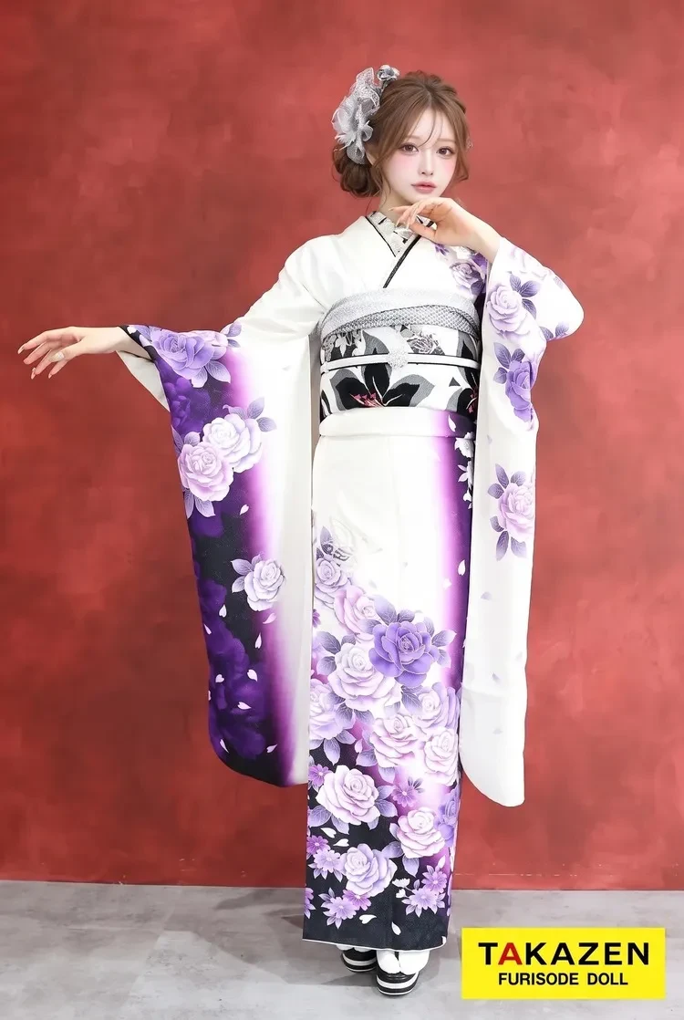 TAKAZENのレンタル振袖 激安モード 白/紫 薔薇柄 シンプル かっこいい ギャル振袖 クール系【通販可】YK242