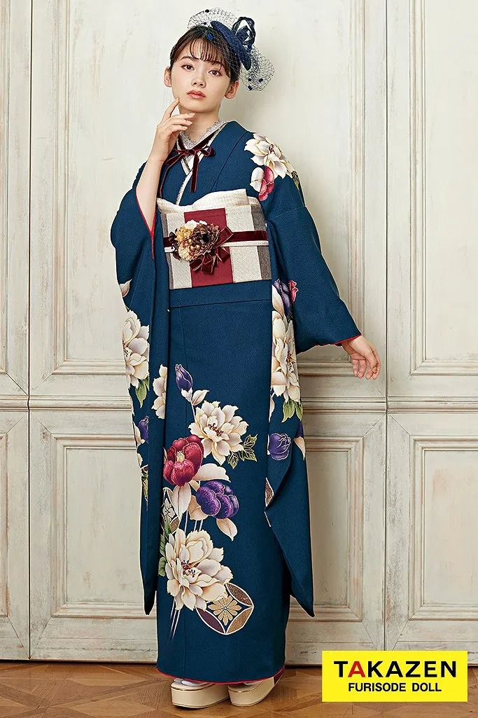 振袖レンタル　レトロ　青　総柄　シンプル振袖