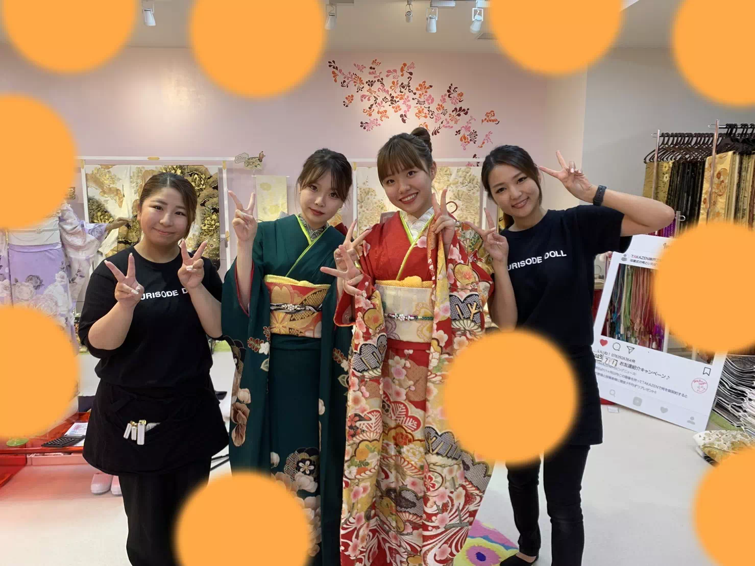 TAKAZEN神戸三宮店　前撮り撮影会　イマドキ　カワイイ　コディネート　振袖　レンタル　くすみ　派手　キラキラ　かわいい　おしゃれ　イマドキ　成人式　緑　シンプル　赤