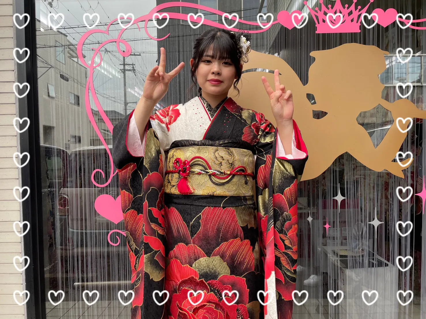 振袖　レンタル　奈良　前撮り撮影会　モード系　かっこいい　赤色　黒色　ゴールド
