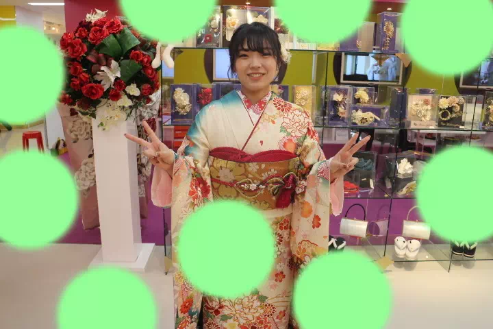 TAKAZEN神戸三宮店　前撮り撮影会　イマドキ　カワイイ　コディネート　振袖　レンタル　袴　　白　緑　古典　王道