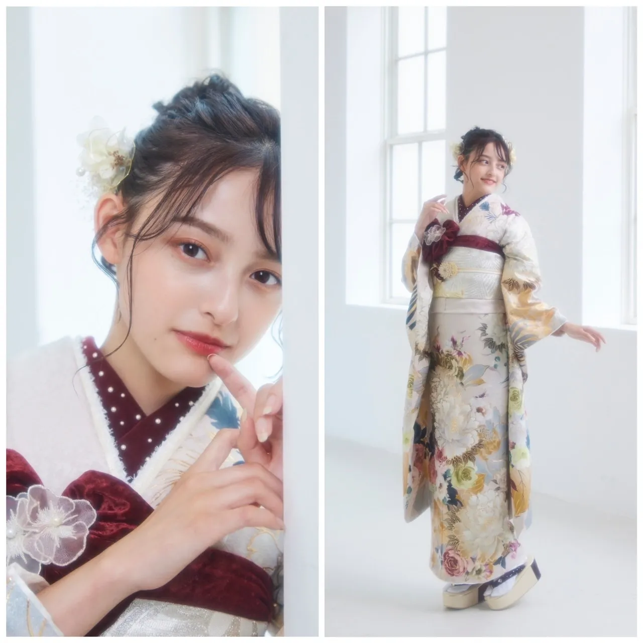 大峰ユリホ　くすみカラー　TAKAZEN　タカゼン　かわいい　イマドキ　ヘアアレンジ　オシャレ　淡色　振袖　袴　レンタル　前撮り