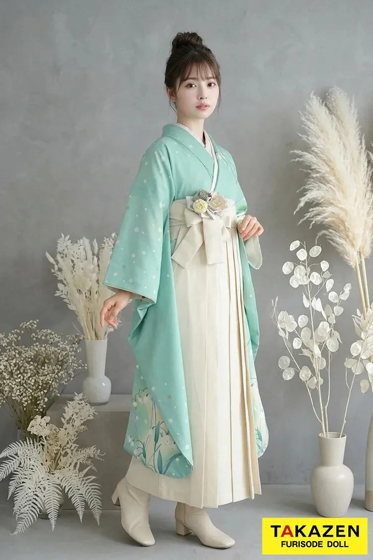 TAKAZENのレンタル袴 レトロ 水色/白 百合柄 シンプル お洒落 綺麗 大人っぽい ブーツスタイル【通販可】GH7