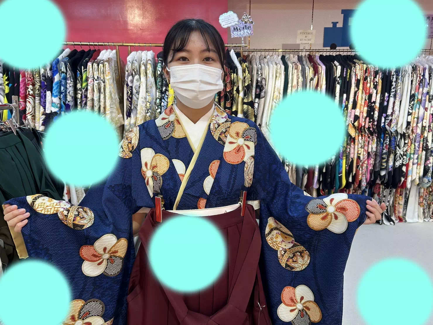 TAKAZEN神戸店　卒業式　袴レンタル　青　古典　えんじ色