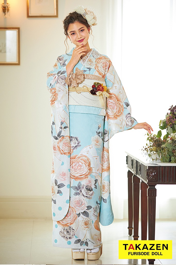 成人式　レンタル　振袖　可愛い　今どき　青色　ブルー　花　水色　淡い色　ヘップバーン　ガーリー