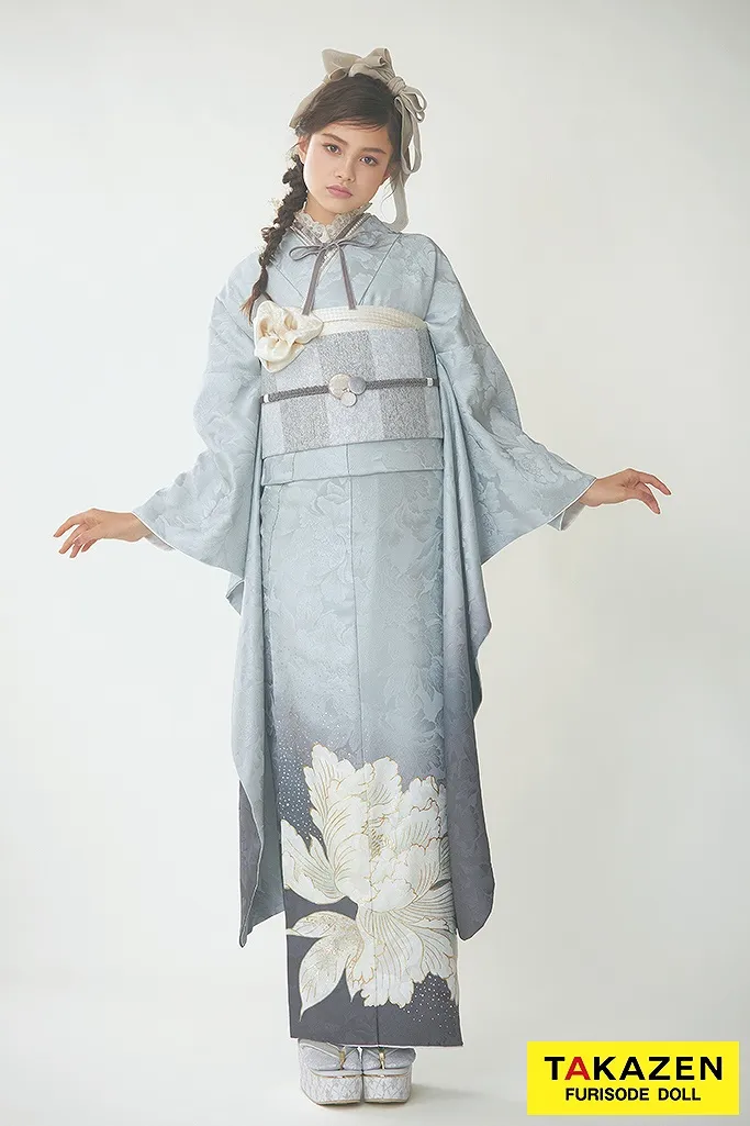 成人式　レンタル　振袖　可愛い　今どき　青色　ブルー　花　水色　淡い色