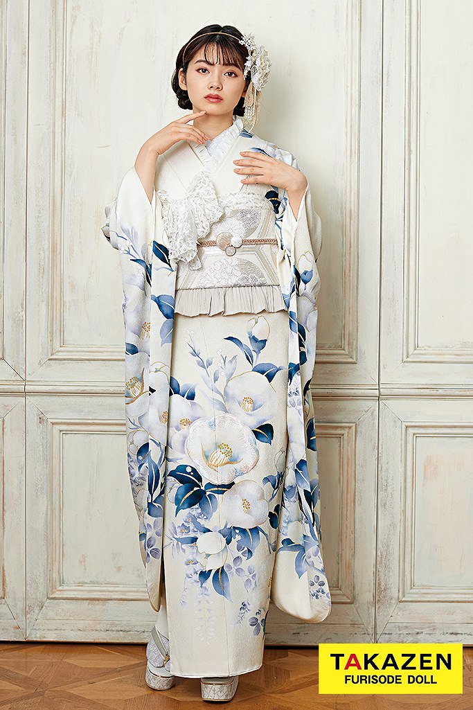 成人式　レンタル　振袖　可愛い　今どき　青色　ブルー　花　水色　淡い色　レトロ