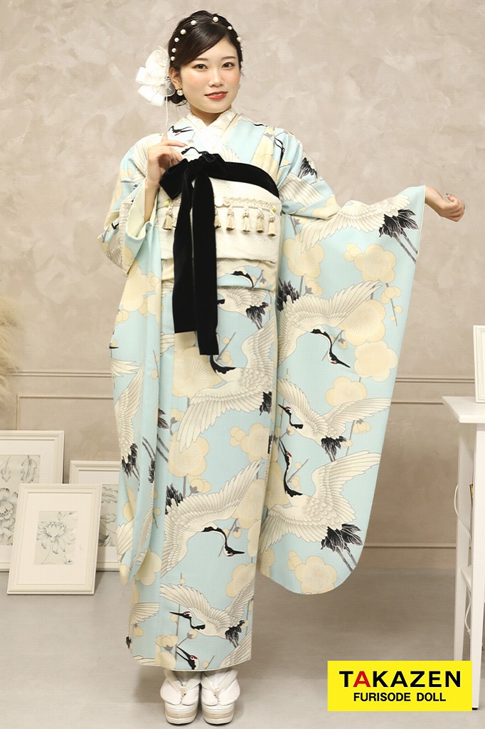 成人式　レンタル　振袖　可愛い　今どき　青色　ブルー　花　水色　淡い色　レトロ