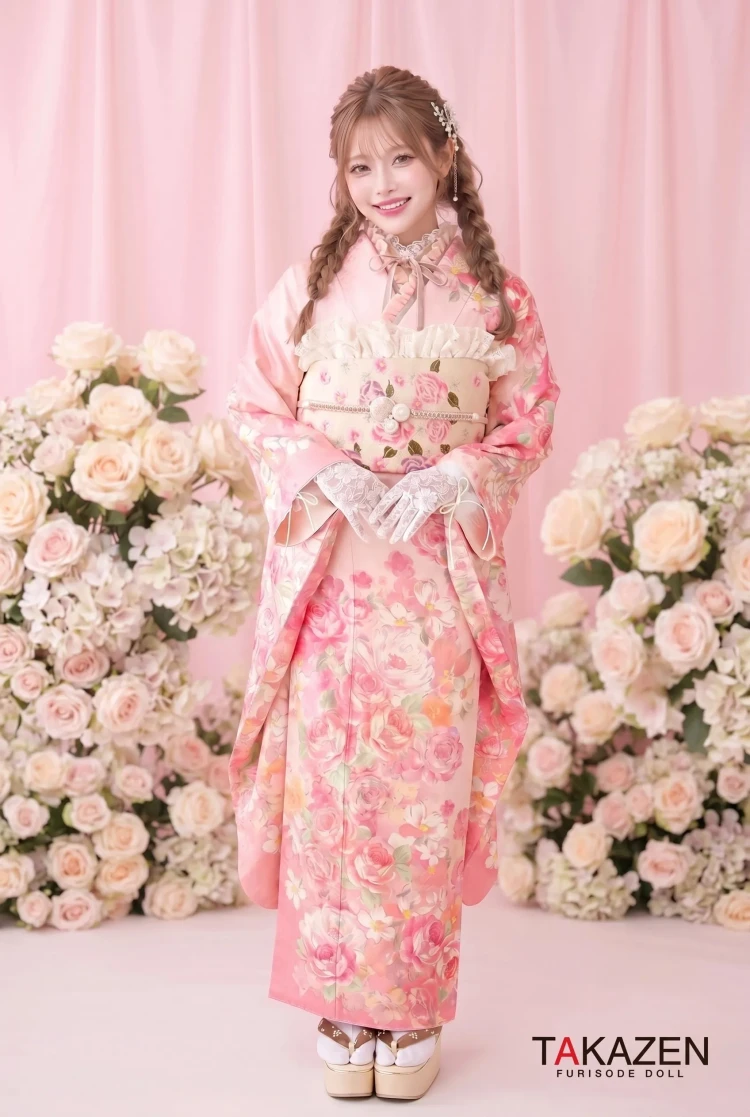 TAKAZENのレンタル振袖 キュートガーリー ピンク/淡い色 薔薇柄 リズリサ振袖 ゆめかわいい おしゃれ レース手袋 フリルコーディネート【通販可】G44