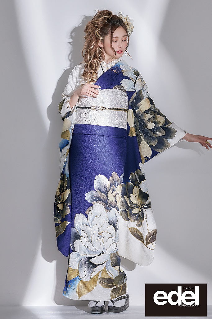成人式　レンタル　振袖　可愛い　今どき　青色　ブルー　花　古典　ゆうちゃみ　片身変わり　ネイビー　紺