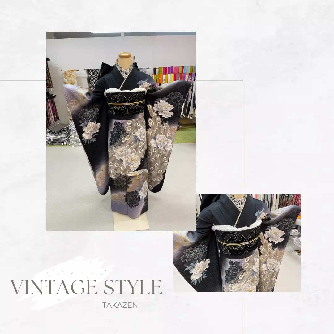 TAKAZEN神戸店　成人式　振袖レンタル　かっこいい　渋い　ヴィンテージ　孔雀柄　オシャレ