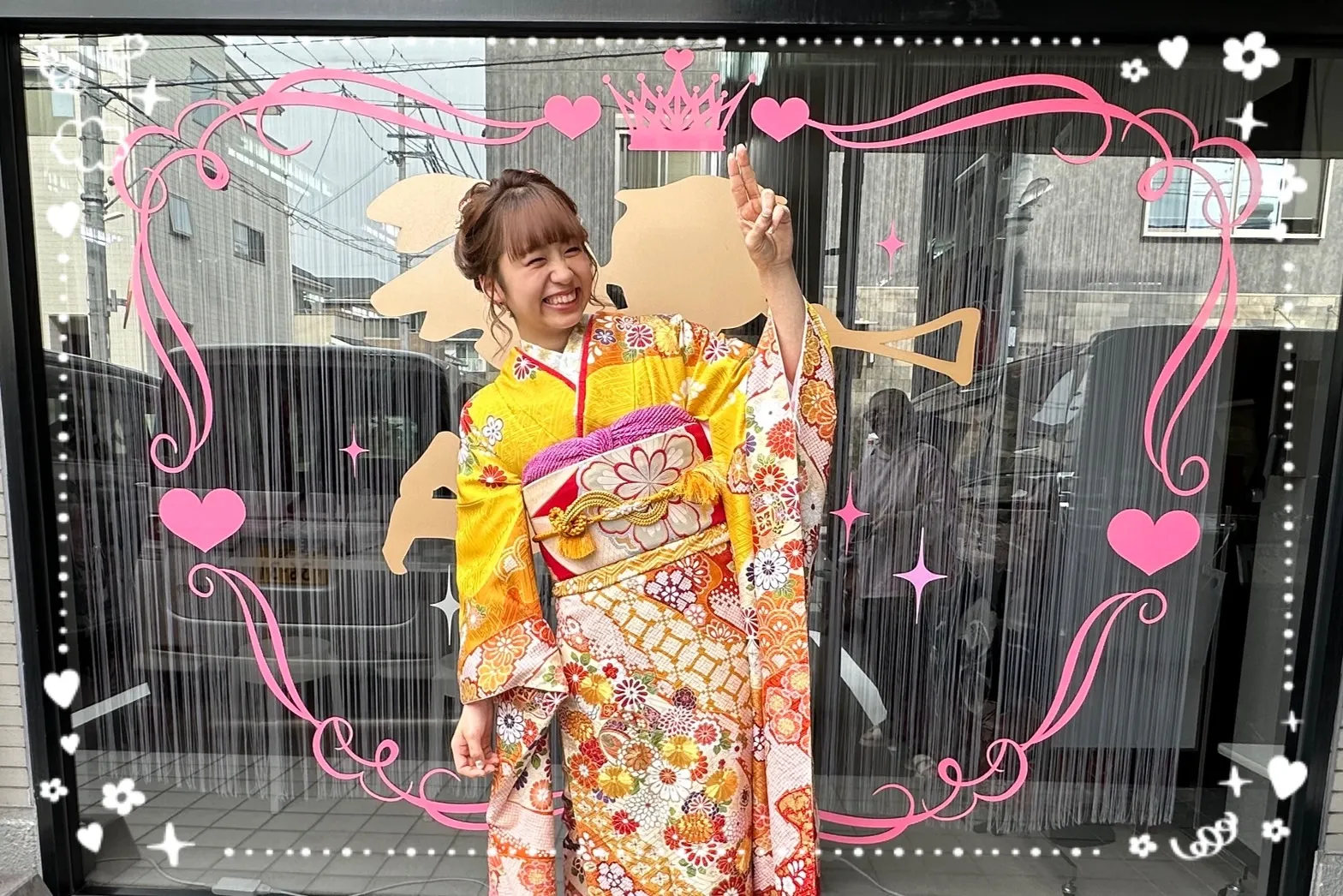 振袖　レンタル　奈良　前撮り　オレンジ　古典柄　