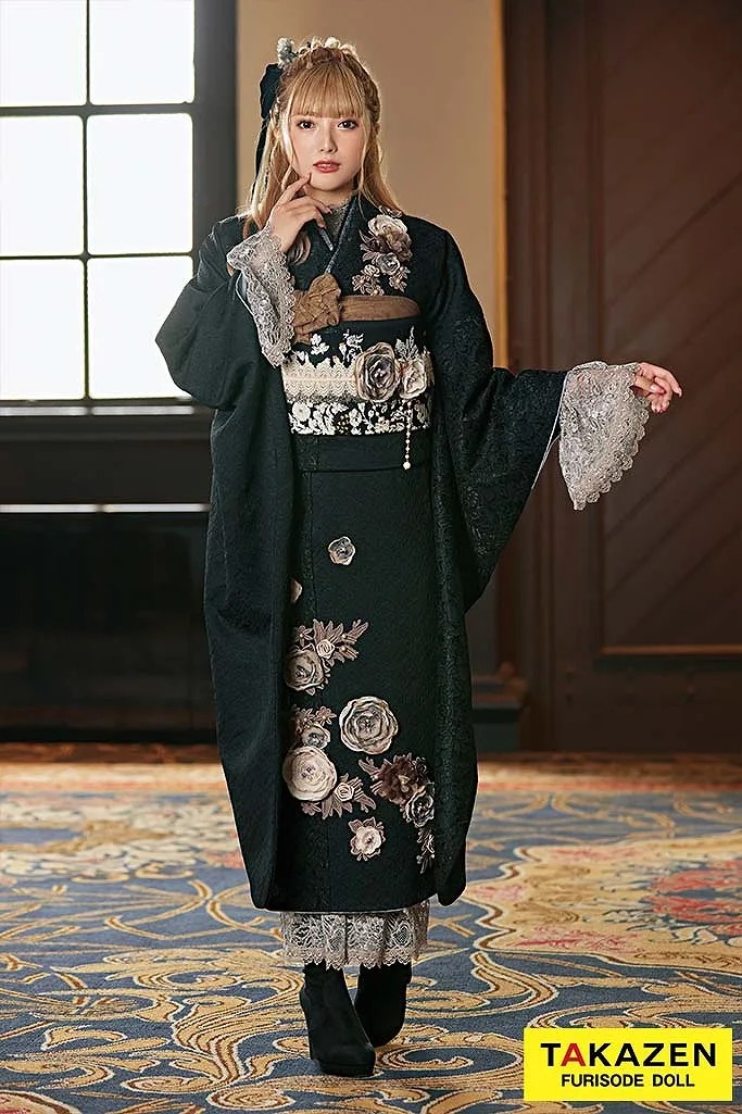 振袖　レンタル　奈良　TAKAZEN　ヘップバーン　モノトーン　レトロ　可愛い