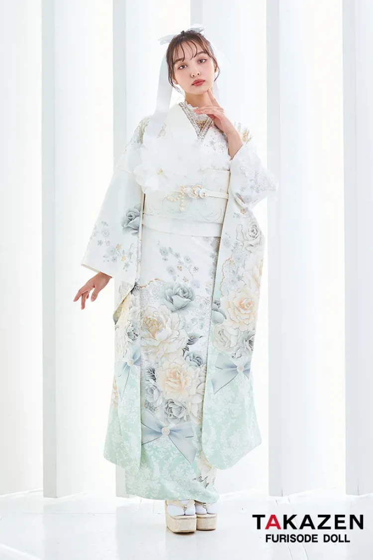 TAKAZENのレンタル振袖 ヘップバーンコスメカラー　白/ミントグリーン/淡い色　バラ柄/ブーケ柄　ガーリー　かわいい　レースインナー　香川るな【通販可】25002