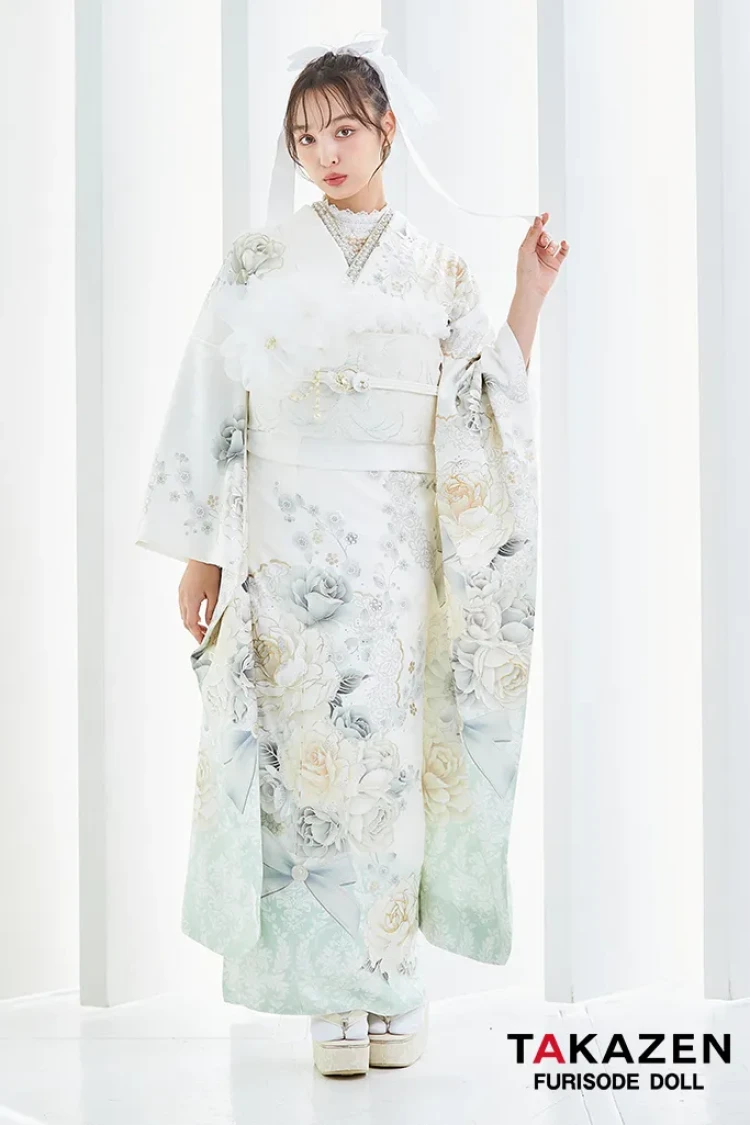 ヘップバーンコスメカラー 白/ミントグリーン/淡い色 バラ柄/ブーケ柄