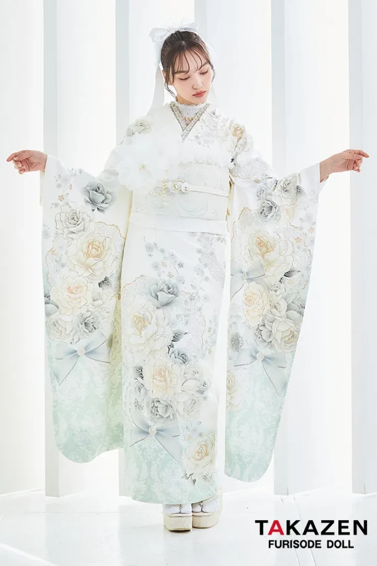 TAKAZENのレンタル振袖 ヘップバーンコスメカラー　白/ミントグリーン/淡い色　バラ柄/ブーケ柄　ガーリー　かわいい　レースインナー　香川るな【通販可】25002