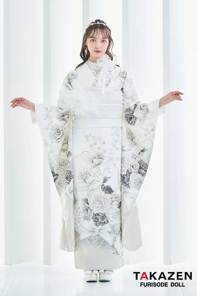 TAKAZENのレンタル振袖 ヘップバーンコスメカラー 白/シルバー バラ柄/ブーケ柄 かわいい エレガント リボン キラキラ ドレッシー 香川るな【通販可】25004