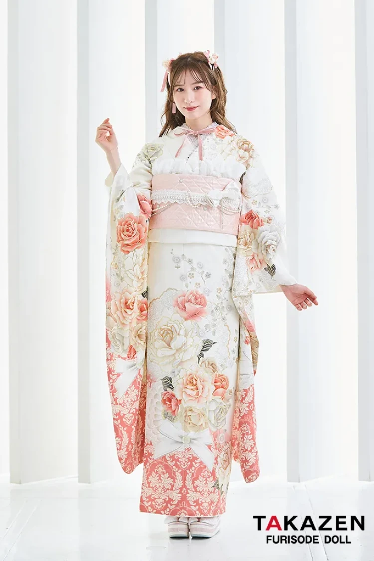 TAKAZENのレンタル振袖 ヘップバーンコスメカラー 白/ピンク/ピーチ バラ柄/ブーケ柄 あざとかわいい ガーリー リボン キラキラ フェミニン 白宮みずほ【通販可】25006