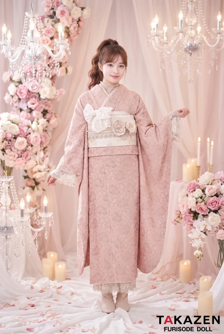 TAKAZENのレンタル振袖 くすみカラーガーリー くすみピンク/淡い色 総レース あざとかわいい 人気 レースインナー/ブーツスタイル【通販可】25018