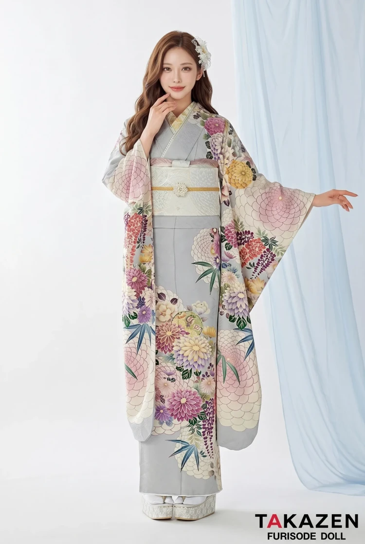 TAKAZENのレンタル振袖 くすみカラー古典 グレー/ニュアンスカラー 菊柄 清楚 大人っぽい 上品 統一感のある着こなし【通販可】25022