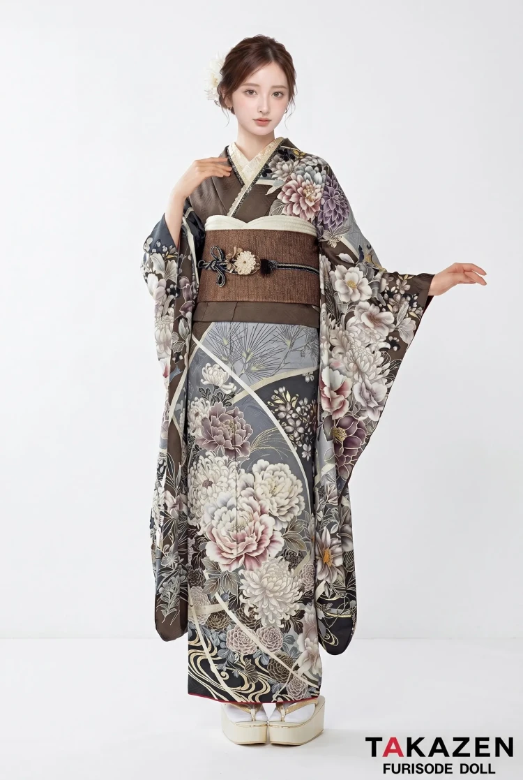 TAKAZENのレンタル振袖 くすみカラー古典 グレー/ブラウン/ダスティーカラー 牡丹柄 大人っぽい 柄多め かっこいい【通販可】25023