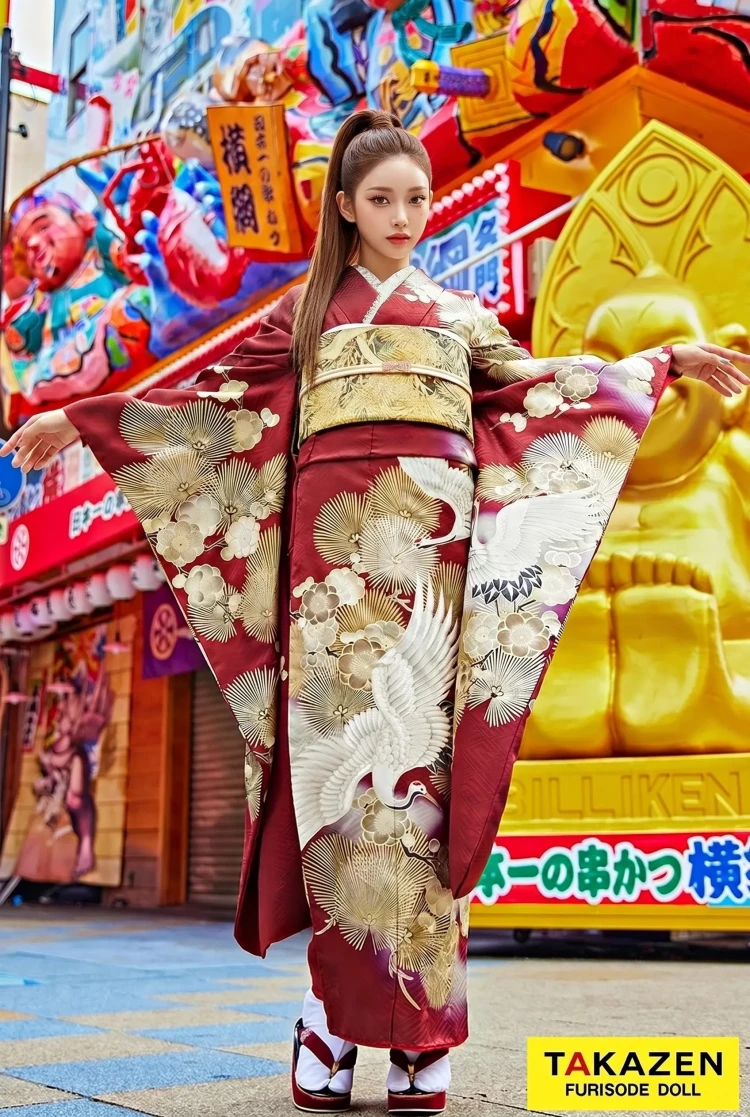 TAKAZENのレンタル振袖 ヴィンテージスタイル エンジ/金 鶴柄/針松 かっこいい ストリート調 大人っぽい【通販可】25029