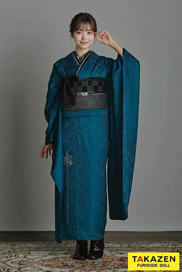 TAKAZENのレンタル振袖 ヴィンテージスタイル ターコイズブルー/青 柄すくなめ/ワンポイント刺繍 シンプル 大人っぽい ブーツスタイル【通販可】25032