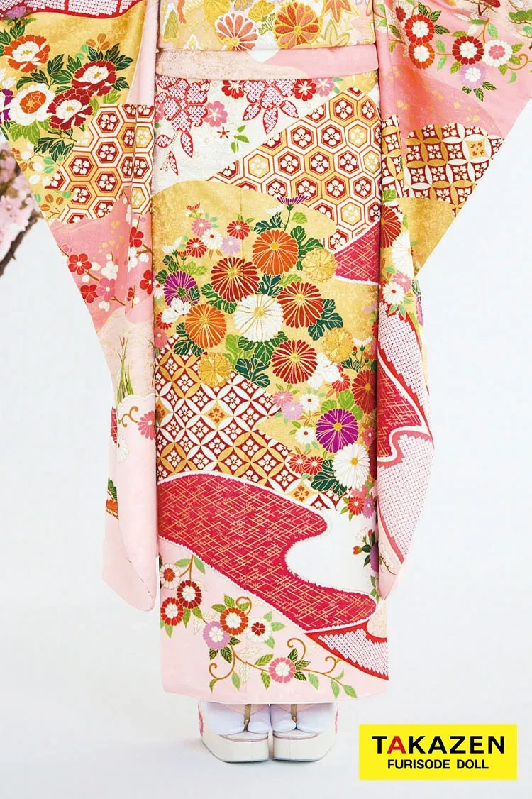TAKAZENのレンタル振袖 最高級古典柄振袖 吉澤織物/最高級染繍桶絞り友禅 サーモンピンク/白/金 菊柄/吉祥文様 かわいい 南琴奈【通販可】25036