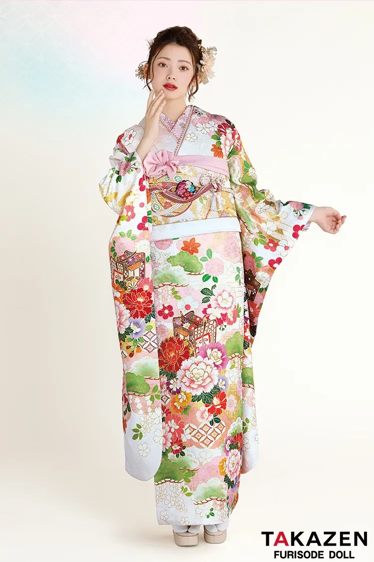 TAKAZENのレンタル振袖 正統派古典　白/ピンク　御所車柄/牡丹柄　吉澤織物/最高級金彩手描友禅　上品　きれきめ　かわいい　清楚　柄小さめ　南琴奈【通販可】25057