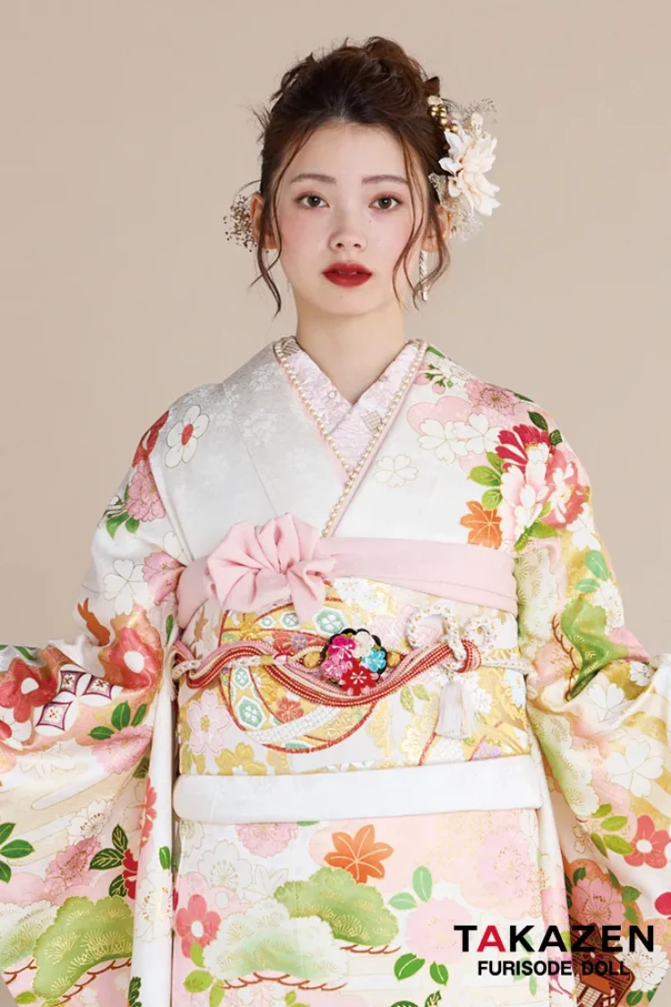 TAKAZENのレンタル振袖 正統派古典 白/ピンク 御所車柄/牡丹柄 吉澤織物/最高級金彩手描友禅 上品 きれいめ かわいい 清楚 柄小さめ 南琴奈【通販可】25057