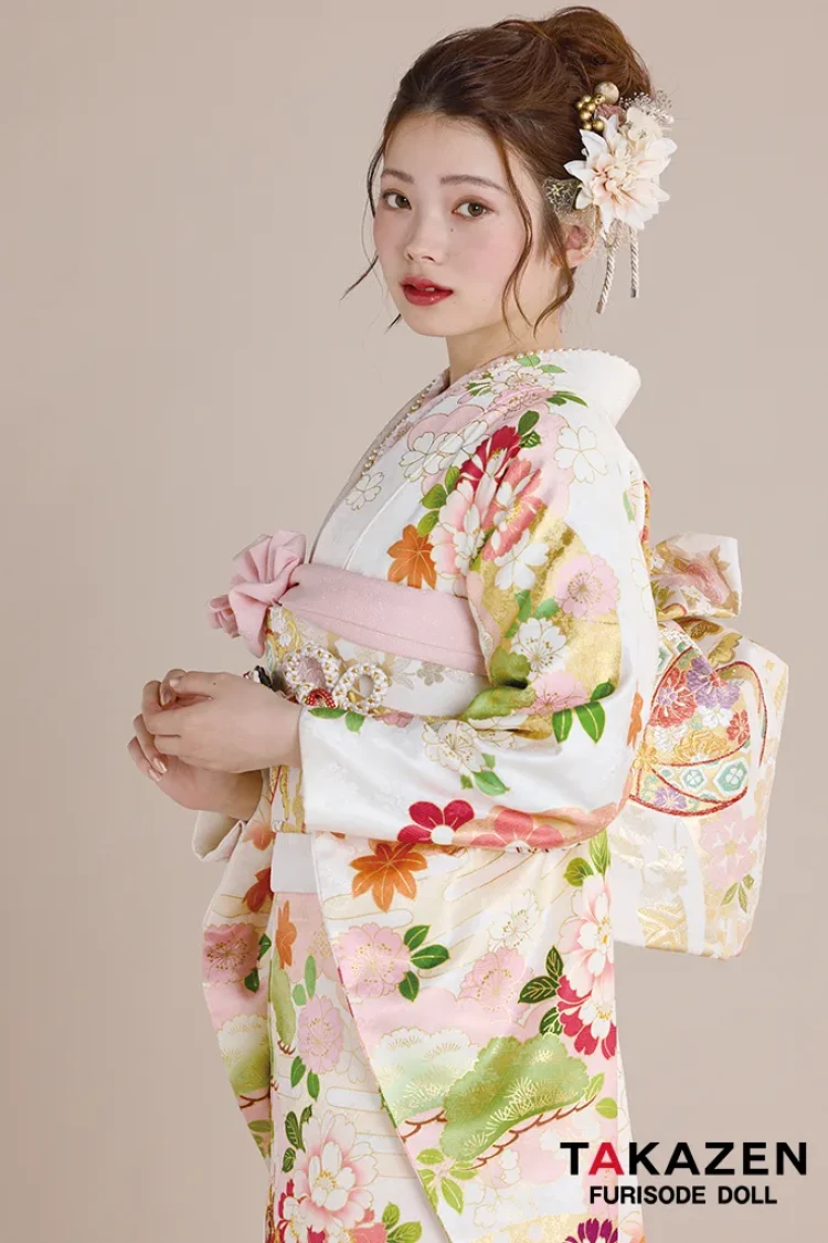 TAKAZENのレンタル振袖 正統派古典 白/ピンク 御所車柄/牡丹柄 吉澤織物/最高級金彩手描友禅 上品 きれいめ かわいい 清楚 柄小さめ 南琴奈【通販可】25057