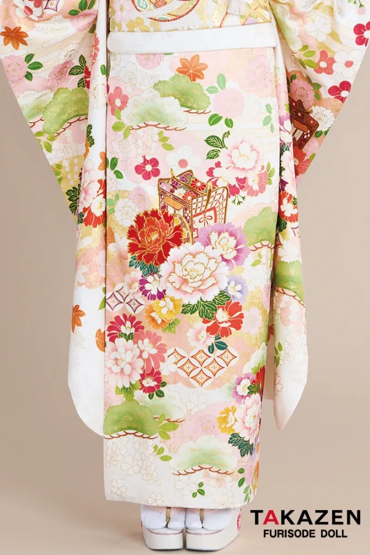 TAKAZENのレンタル振袖 正統派古典 白/ピンク 御所車柄/牡丹柄 吉澤織物/最高級金彩手描友禅 上品 きれいめ かわいい 清楚 柄小さめ 南琴奈【通販可】25057