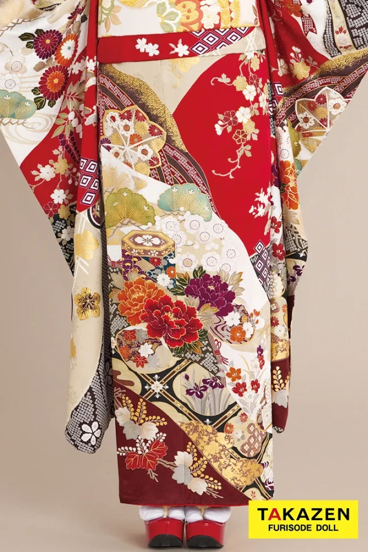 TAKAZENのレンタル振袖 正統派古典 赤/白 貝桶柄/牡丹柄 金彩金駒刺繍京友禅 定番 上品 綺麗 かわいい 清楚 柄小さめ 人気 南琴奈【通販可】25058