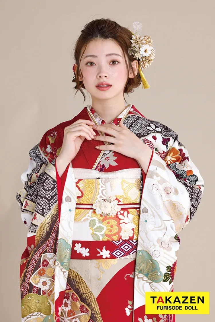 TAKAZENのレンタル振袖 正統派古典 赤/白 貝桶柄/牡丹柄 金彩金駒刺繍京友禅 定番 上品 綺麗 かわいい 清楚 柄小さめ 人気 南琴奈【通販可】25058