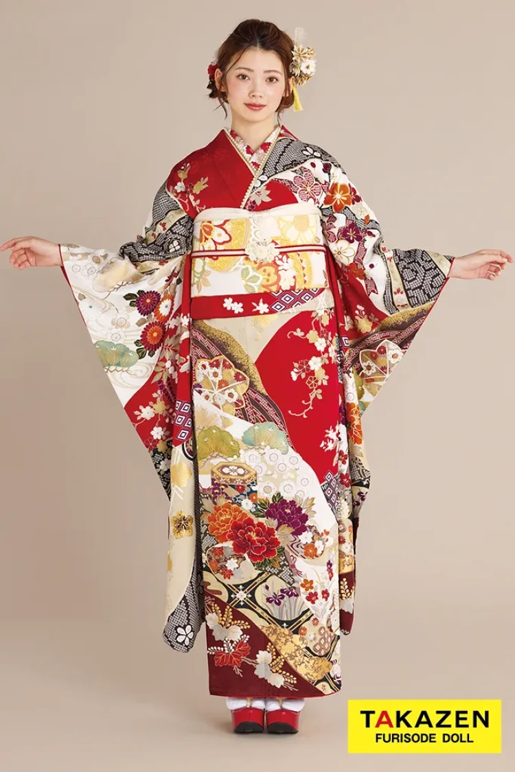 TAKAZENのレンタル振袖 正統派古典 赤/白 貝桶柄/牡丹柄 金彩金駒刺繍京友禅 定番 上品 綺麗 かわいい 清楚 柄小さめ 人気 南琴奈【通販可】25058
