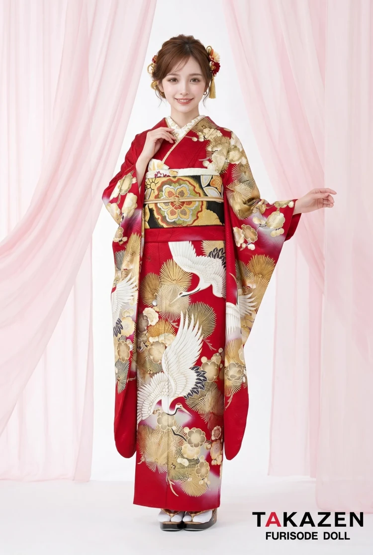 TAKAZENのレンタル振袖 正統派古典 赤/金 鶴柄/針松柄 豪華 華やか 綺麗 クラシカル 金彩京友禅【通販可】25061