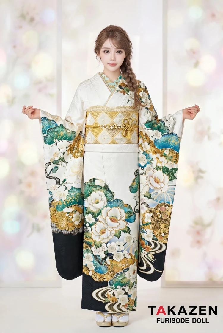 TAKAZENのレンタル振袖 正統派古典　白地/緑/金　椿柄/流水模様　シンプル　大人っぽい　清楚　低身長さんにおすすめ【通販可】25062