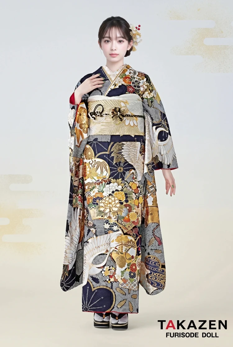 TAKAZENのレンタル振袖 正統派古典 紺/金/ネイビー 鶴柄/絞り模様 大人っぽい 豪華 柄多め 華やか【通販可】25063