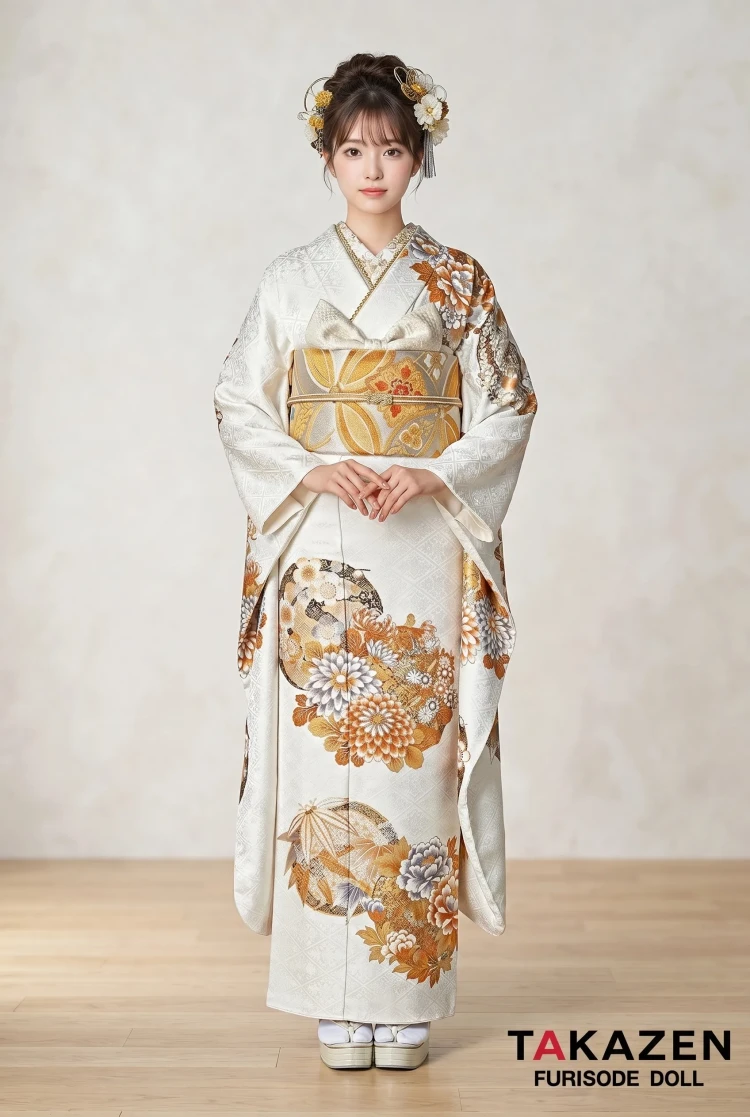 TAKAZENのレンタル振袖 正統派古典　白/金　菊柄/吉祥文様　上品　シンプル　控えめ　おしとやか【通販可】25065