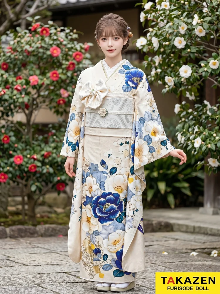 TAKAZENのレンタル振袖 正統派古典　クリーム/青　椿柄　上品　寒色系　かわいい　統一感のある着こなし【通販可】25067
